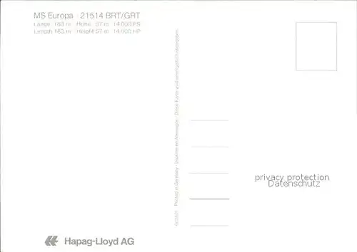 Schiffe MS Europa 21514 BRT GRT Hapag Lloyd Kat. Schiffe