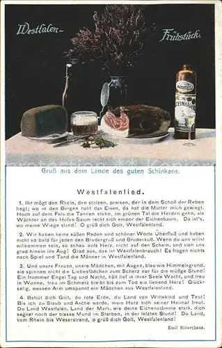 Liederkarte Westfalenlied Westfalen Fruehstueck Schinken Alkohol Steinhaeger Kat. Musik