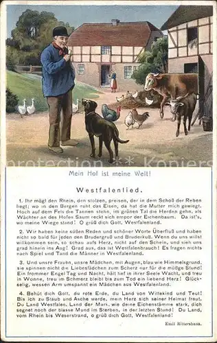 Liederkarte Westfalenlied Emil Rittershaus Bauernhof Huehner Kuh Kalb Hund  Kat. Musik