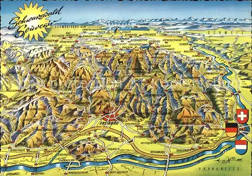 Schwarzwald Panoramkarte um Freiburg mit Rhein und Alpen Kat. Regionales