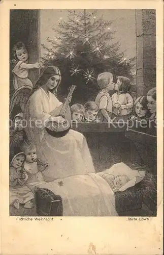 Loewe Meta Froehliche Weihnachten Nr. 74 Schutzengel Kinder Mandoline Christkind  Kat. Kuenstlerkarte