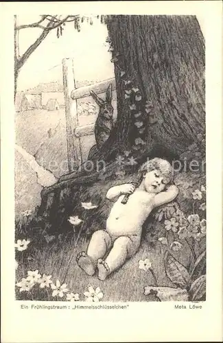 Loewe Meta Ein Fruehlingstraum Himmelsschluesselchen Nr. 46 Kind Hase  Kat. Kuenstlerkarte
