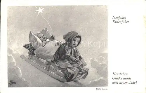 Loewe Meta Neujahrs Erdenfahrt Nr. 128 N Baby Kind Schlitten Stern Neujahr  Kat. Kuenstlerkarte