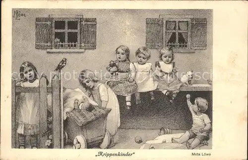 Loewe Meta Krippenkinder Nr. 57 Engel Kinderwagen Puppe Katze Kinder  Kat. Kuenstlerkarte