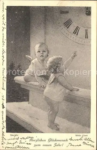 Loewe Meta Neujahr Nr. 114 Engel Uhr  Kat. Kuenstlerkarte