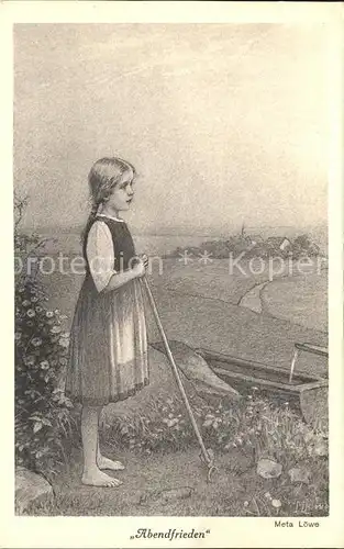 Loewe Meta Abendfrieden Nr. 80 Kind Holztrog  Kat. Kuenstlerkarte
