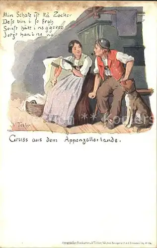 Tobler Viktor V.T. Appenzell Trachten Sticken Stickrahmen Hund Gedicht  Kat. Kuenstlerkarte Schweiz