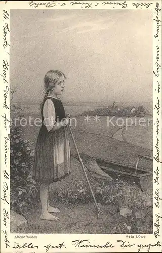 Loewe Meta Abendfrieden Nr. 80 Kind Landwirtschaft Holztrog Kat. Kuenstlerkarte
