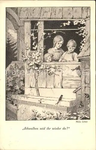 Loewe Meta Nr. 68 Schwalben Kinder Blumen Kat. Kuenstlerkarte