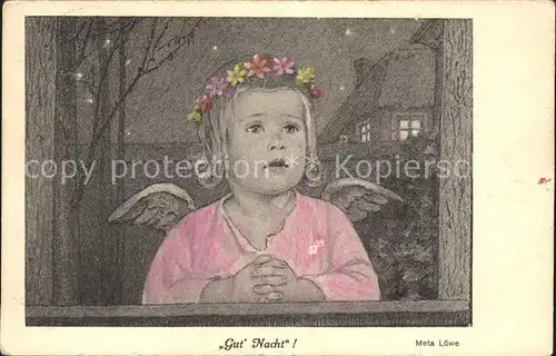 Loewe Meta Gut Nacht Nr. 78 Engel Blumenkranz  Kat. Kuenstlerkarte