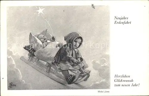 Loewe Meta Neujahrs Erdenfahrt Nr. 128 N Schlitten Baby Engel Stern Neujahr Kat. Kuenstlerkarte