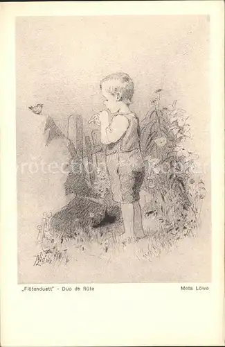 Loewe Meta Floetenduett Nr. 104 Kind Vogel Kat. Kuenstlerkarte
