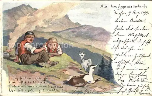 Tobler Viktor V.T. Appenzellerland Kinder Berge Ziegen Gedicht  Kat. Kuenstlerkarte Schweiz