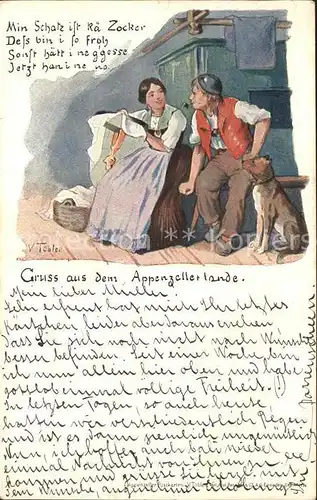 Tobler Viktor V.T. Appenzellerland Sticken Stickrahmen Hund Gedicht Kat. Kuenstlerkarte Schweiz