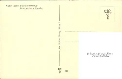 Tobler Viktor V.T. Bleistiftzeichnung Bauernstube in Speicher Nr. 571 Ofen  Kat. Kuenstlerkarte Schweiz