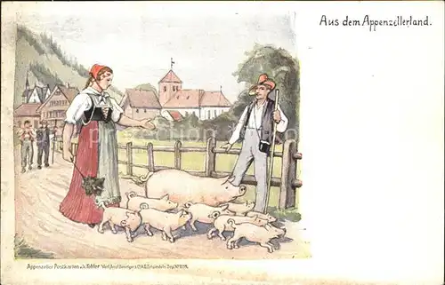 Tobler Viktor V.T. Appenzellerland Schweine Tracht  Kat. Kuenstlerkarte Schweiz