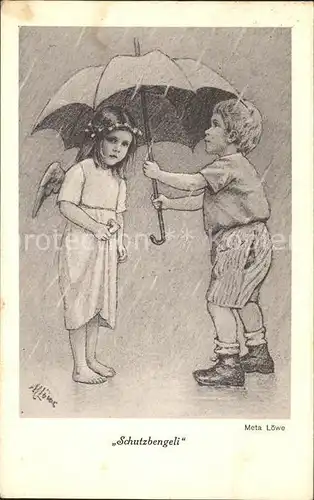 Loewe Meta Schutzbengeli Nr. 4 Engel Kind Regen Regenschirm Kat. Kuenstlerkarte