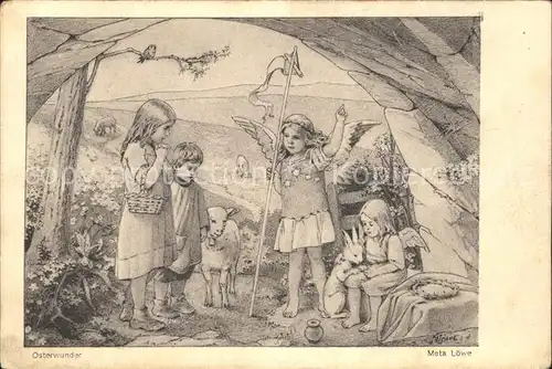 Loewe Meta Osterwunder Nr. 66 Engel Kinder Hase Kinder  Kat. Kuenstlerkarte