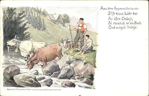 Tobler Viktor V.T. Hirte Kuehe Wasserquelle Gedicht Appenzellerland  Kat. Kuenstlerkarte Schweiz