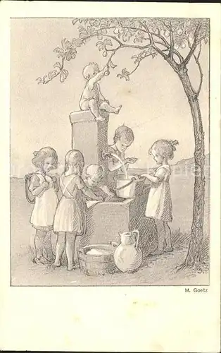 Goetz M. Nr. 158 Kinder Brunnen Krug Eimer  Kat. Kuenstlerkarte