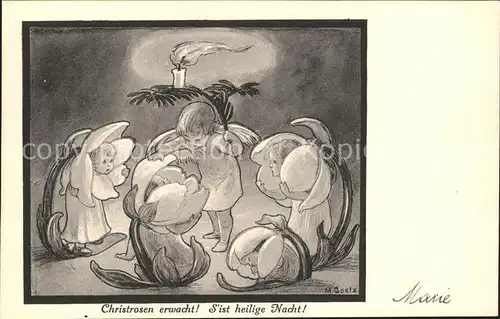 Goetz M. Nr. 168 Christrosen Kinder Kerze Heilige Nacht  Kat. Kuenstlerkarte