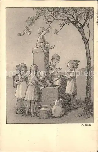 Goetz M. Nr. 158 Kinder Brunnen Baum Eimer Krug  Kat. Kuenstlerkarte