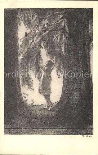 Goetz M. Nr. 180 Kind Wald Baum Voegel  Kat. Kuenstlerkarte