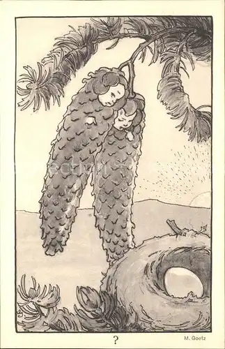 Goetz M. Nr. 152 Vogelnest Ei Tannenzapfen vermenschlicht Kat. Kuenstlerkarte