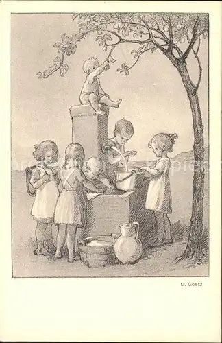 Goetz M. Nr. 158 Kinder Brunnen Krug Eimer Baum Kat. Kuenstlerkarte