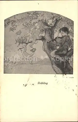 Goetz M. Fruehling Nr. 255 Kind Geige Voegel Baum  Kat. Kuenstlerkarte