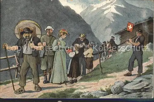 Tobler Viktor V.T. Alphornblaeser Senn Kinder Berge Wanderung Kat. Kuenstlerkarte Schweiz