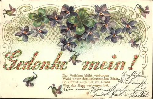 Blumengruesse Veilchen Kleeblaetter Gedicht Litho Kat. Greetings