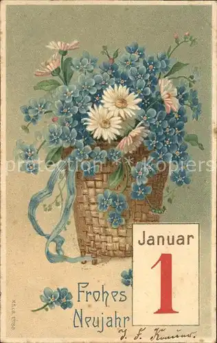 Neujahr 1. Januar Vergissmeinnicht Margeriten Litho Kat. Greetings