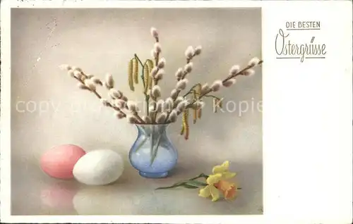 Ostern Easter Paques Narzisse Weidenkaetzchen Ostereier Vase  / Greetings /
