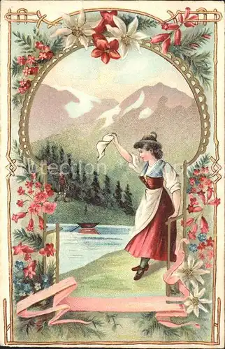 Edelweiss Alpenrosen Berge Frau Tracht Abschied Litho Kat. Pflanzen