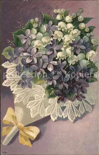 Maigloeckchen Veilchen Blumenstrauss Litho Kat. Pflanzen