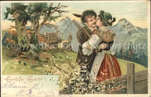 Wandern Paar Kuss Tracht Berge Litho Kat. Berge