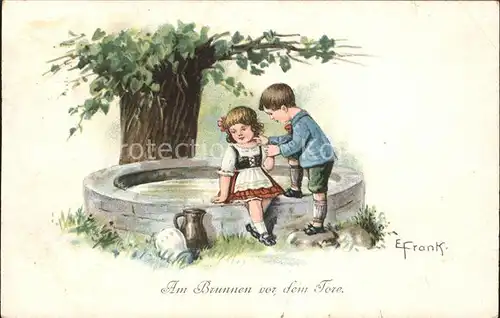Kinder Child Enfants Am Brunnen vor dem Tor Kuenstlerkarte E. Frank Litho Kat. Kinder