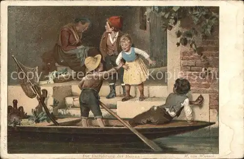 Kuenstlerkarte M. von Wunsch Die Entfuehrung der Helena Kinder Boot  Kat. Kuenstlerkarte
