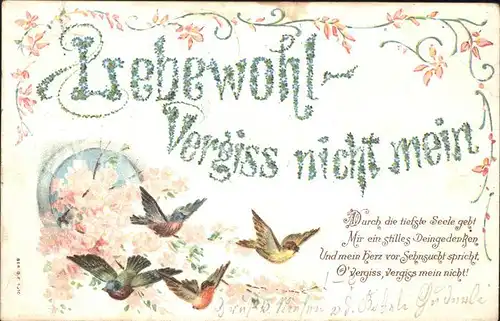 Voegel Blumen Gedicht Lebewohl Litho Kat. Tiere