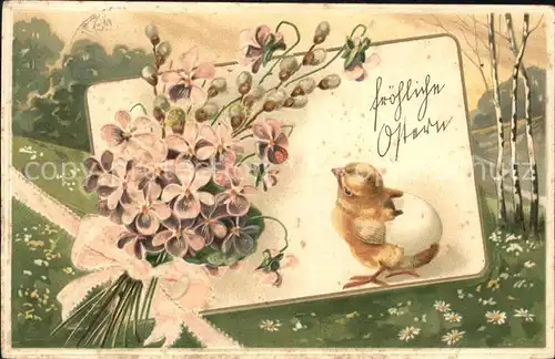 Ostern Easter Paques Veilchen Weidenkaetzchen Kueken Ei Litho / Greetings /