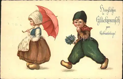 Kinder Hollandtracht Regenschirm Glueckwunsch Geburtstag Blumen Litho Kat. Kinder