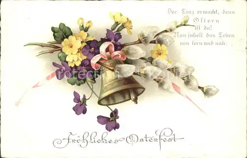 Kirchenglocken Ostern Primeln Veilchen Weidenkaetzchen Gedicht Litho Kat. Gebaeude