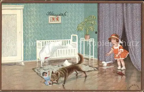 Verlag Wenau Delila Nr. 2235 Herschu Kind Hund Puppe Kinderbett Kat. Verlage