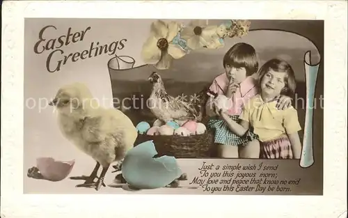 Ostern Easter Paques Kinder Kueken Huhn Eier Primeln Gedicht  / Greetings /