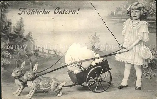 Ostern Easter Paques Hasen Wagen Kind Eier Weidenkaetzchen / Greetings /