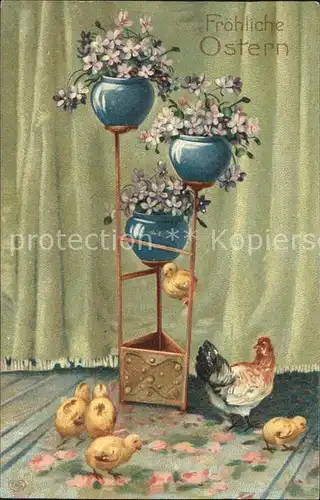 Ostern Easter Paques Huhn Kueken Veilchen Vasen Litho / Greetings /