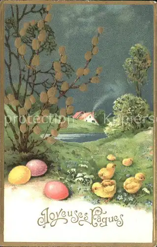 Ostern Easter Paques Kueken Ostereier Weidenkaetzchen Litho / Greetings /