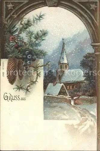 Tannenzapfen Kirche Weihnachten Litho Kat. Pflanzen