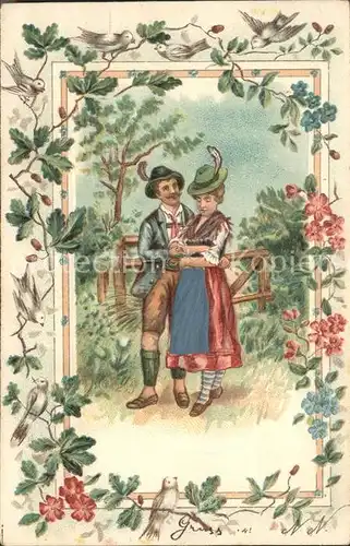 Paare Trachten Voegel Blumen Litho Kat. Poesie